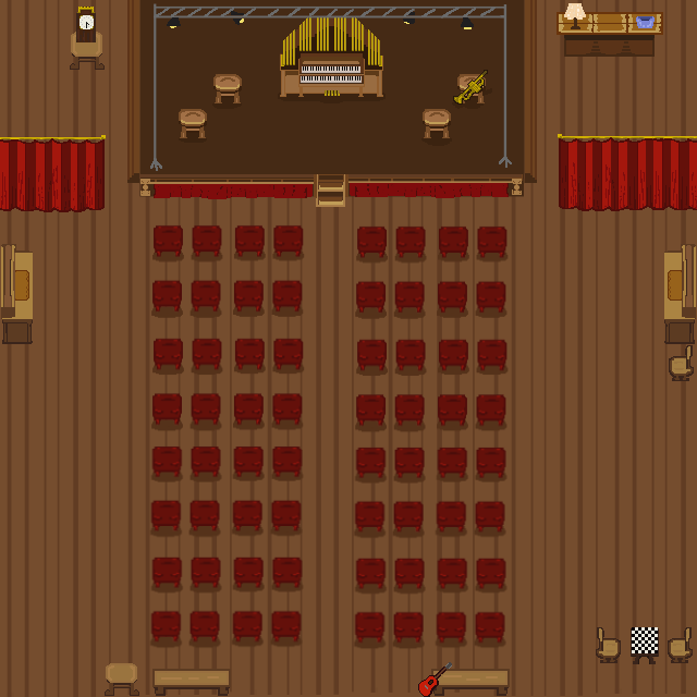 8-bit style map that I created for the game, modeled after an auditorium