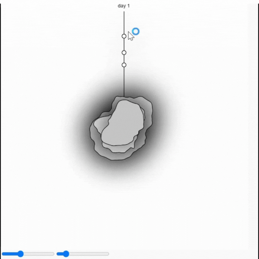 a short gif of my project moving, gray and stacked circles growing and distorting as the two sliders in the bottom left are used and with data for each of seven days appearing as the mouse is moved around the center circles