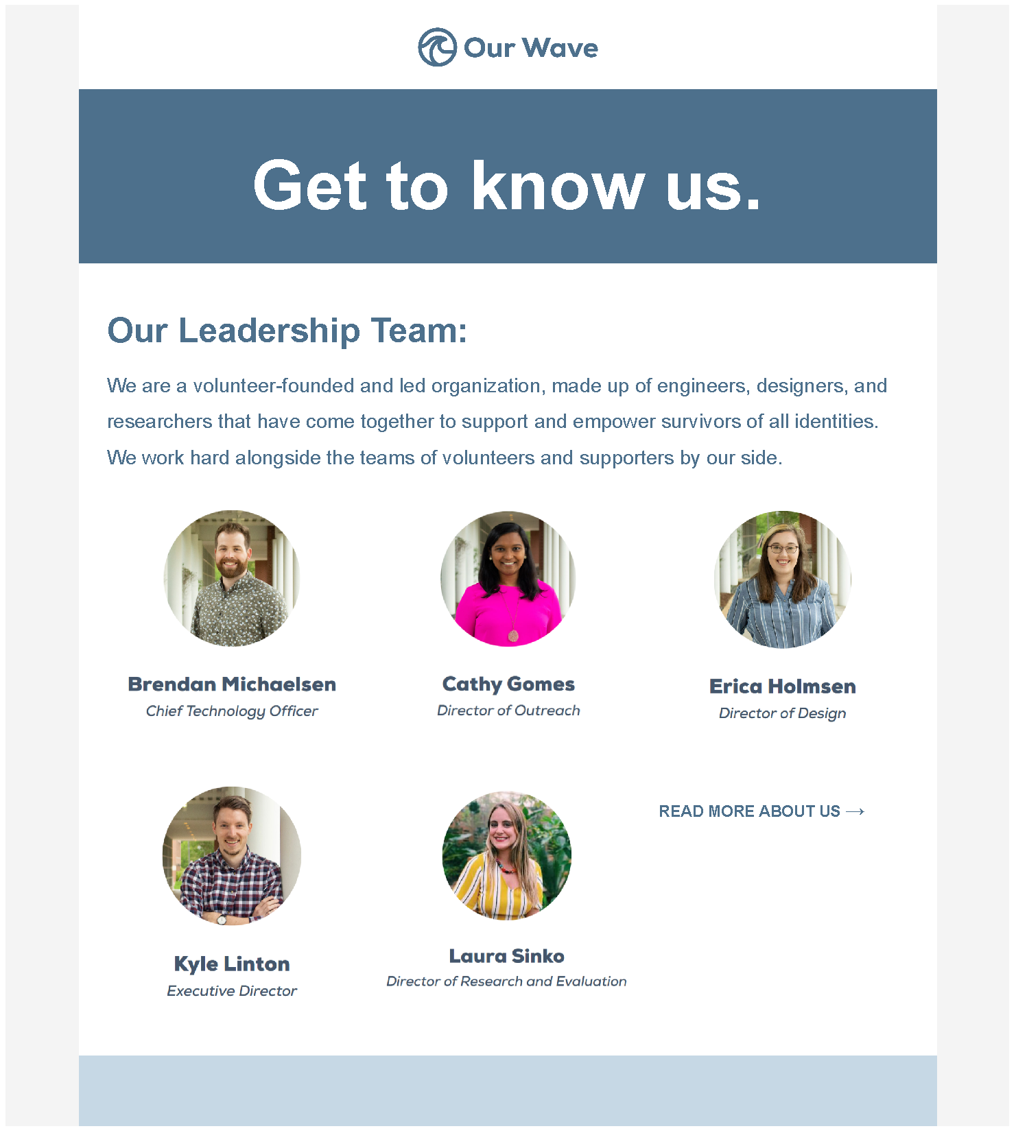 first half of an email template meant to introduce viewers to the Our Wave leadership team titled Get to Know Us