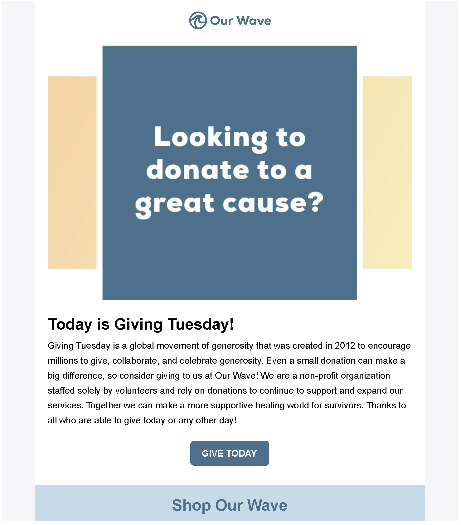 first half of an email template asking for donations to Our Wave for Giving Tuesday