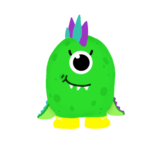 an illustrated green monster, very cute, with one eye, a crooked smile, a teal and purple mohawk, and yellow boots on