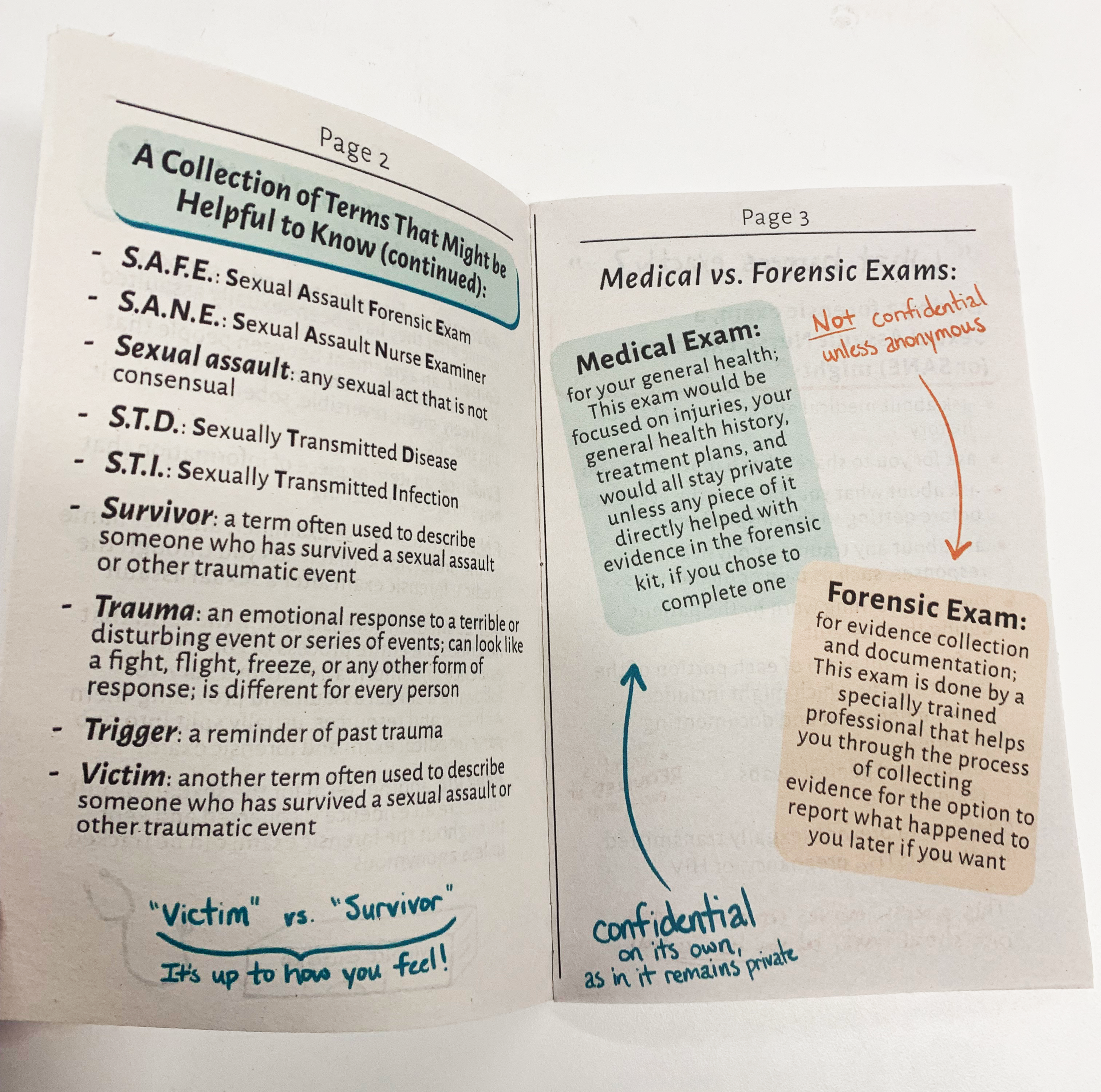 image of pages 2 and 3 of this zine, featuring a term glossary and the difference between medical and forensic exams