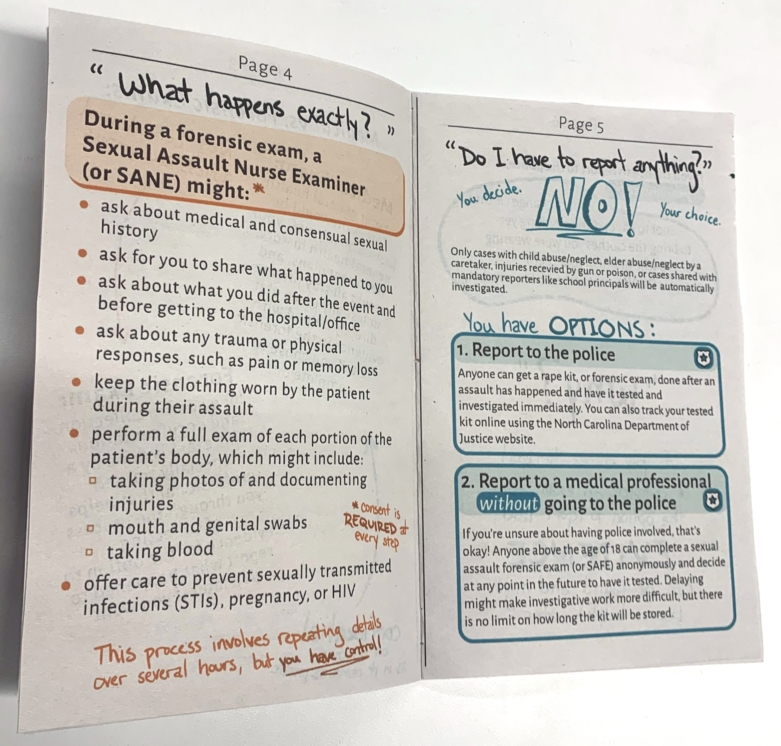 image of pages 4 and 5 of this zine, featuring a list of things that might occur during an exam and reporting options